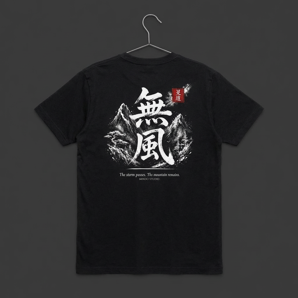 T-shirt the Mufū Heavyweight Boxy Tee. Premium 100% combed cotton, relaxed fit, featuring traditional Japanese ink-wash mountain art and our signature Hanko.