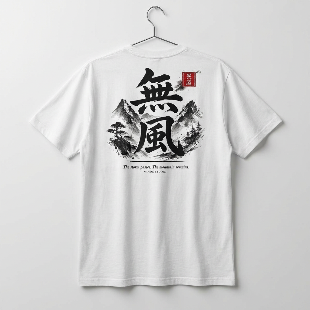 T-shirt the Mufū Heavyweight Boxy Tee. Premium 100% combed cotton, relaxed fit, featuring traditional Japanese ink-wash mountain art and our signature Hanko.