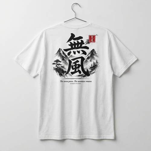 T-shirt the Mufū Heavyweight Boxy Tee. Premium 100% combed cotton, relaxed fit, featuring traditional Japanese ink-wash mountain art and our signature Hanko.