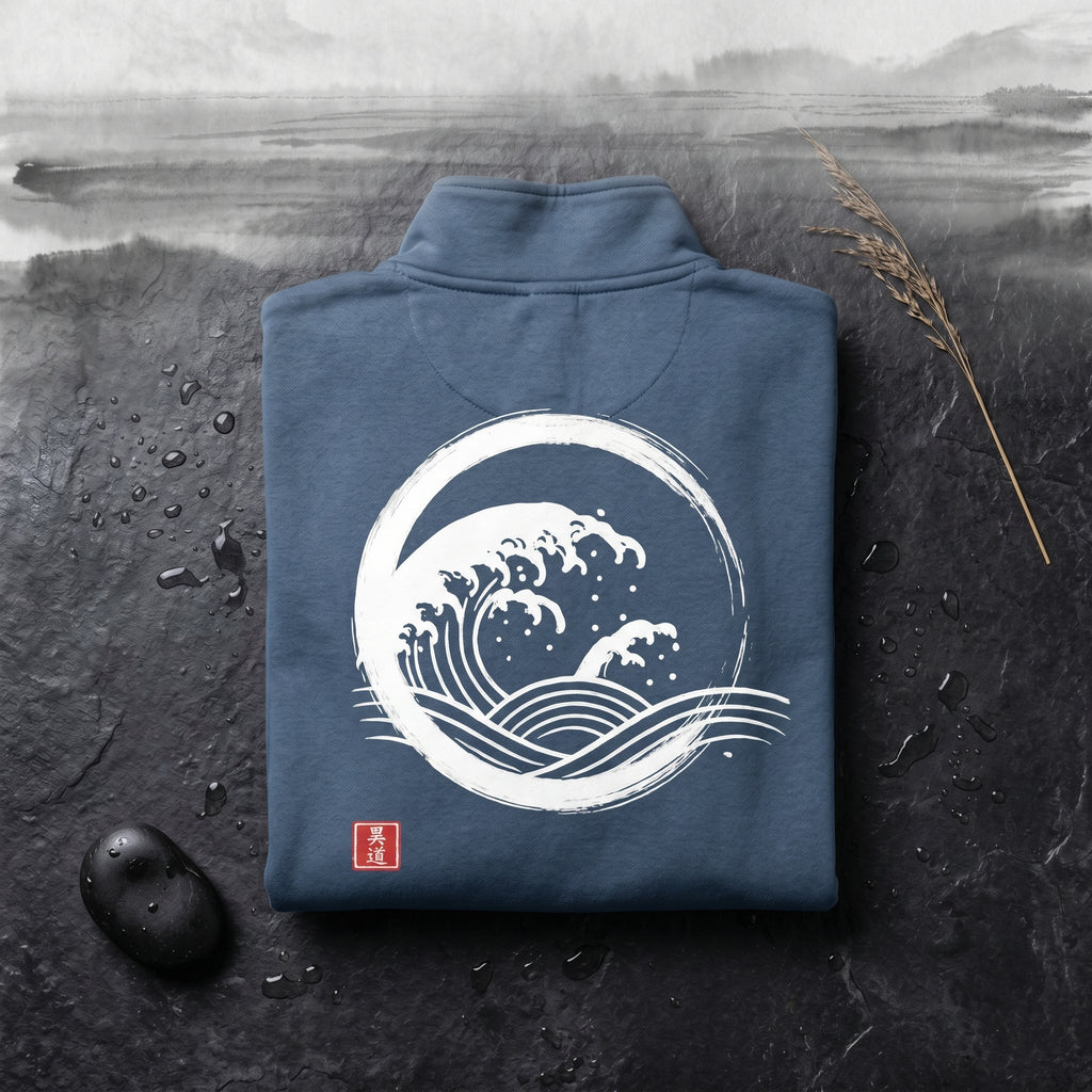 Nami Quarter-Zip by MINDŌ STUDIO. Premium Comfort Colors fleece, sumi-e great wave design on the back. Japanese streetwear, unisex.