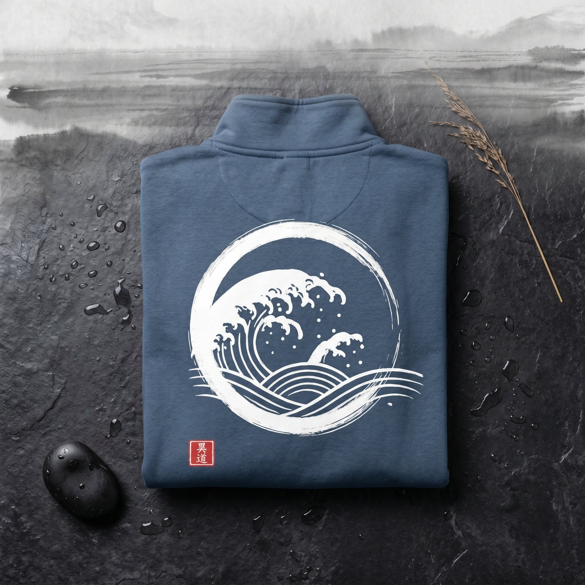 Nami Quarter-Zip by MINDŌ STUDIO. Premium Comfort Colors fleece, sumi-e great wave design on the back. Japanese streetwear, unisex.