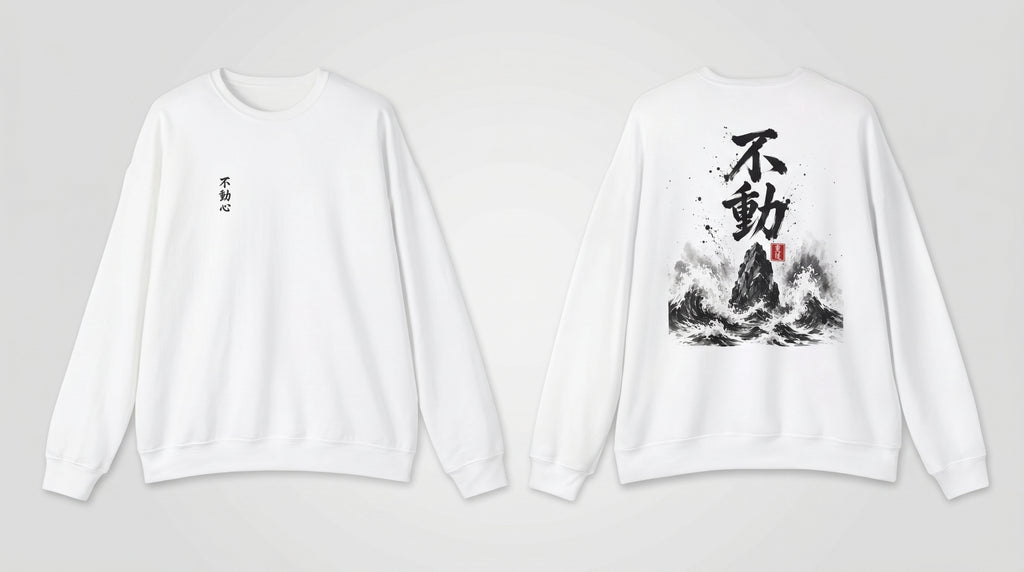 White crewneck sweatshirt front and back side by side, small Fudoshin chest print and Sumi-e wave-and-mountain back design, MINDO Studio