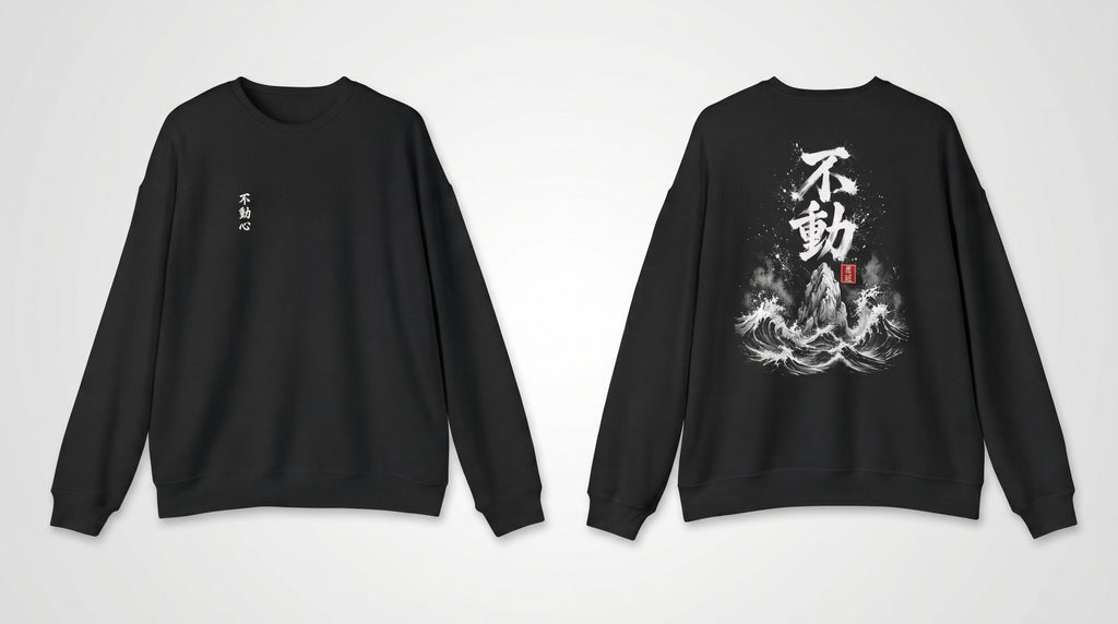 Black crewneck sweatshirt front and back side by side, small Fudoshin chest print and Sumi-e wave-and-mountain back design, MINDO Studio
