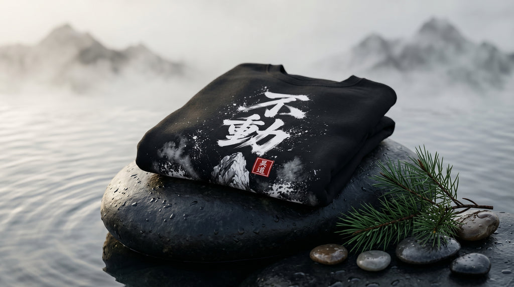 Black Fudo crewneck sweatshirt folded on a river stone by misty water and mountains, Japanese Zen lifestyle scene, MINDO Studio