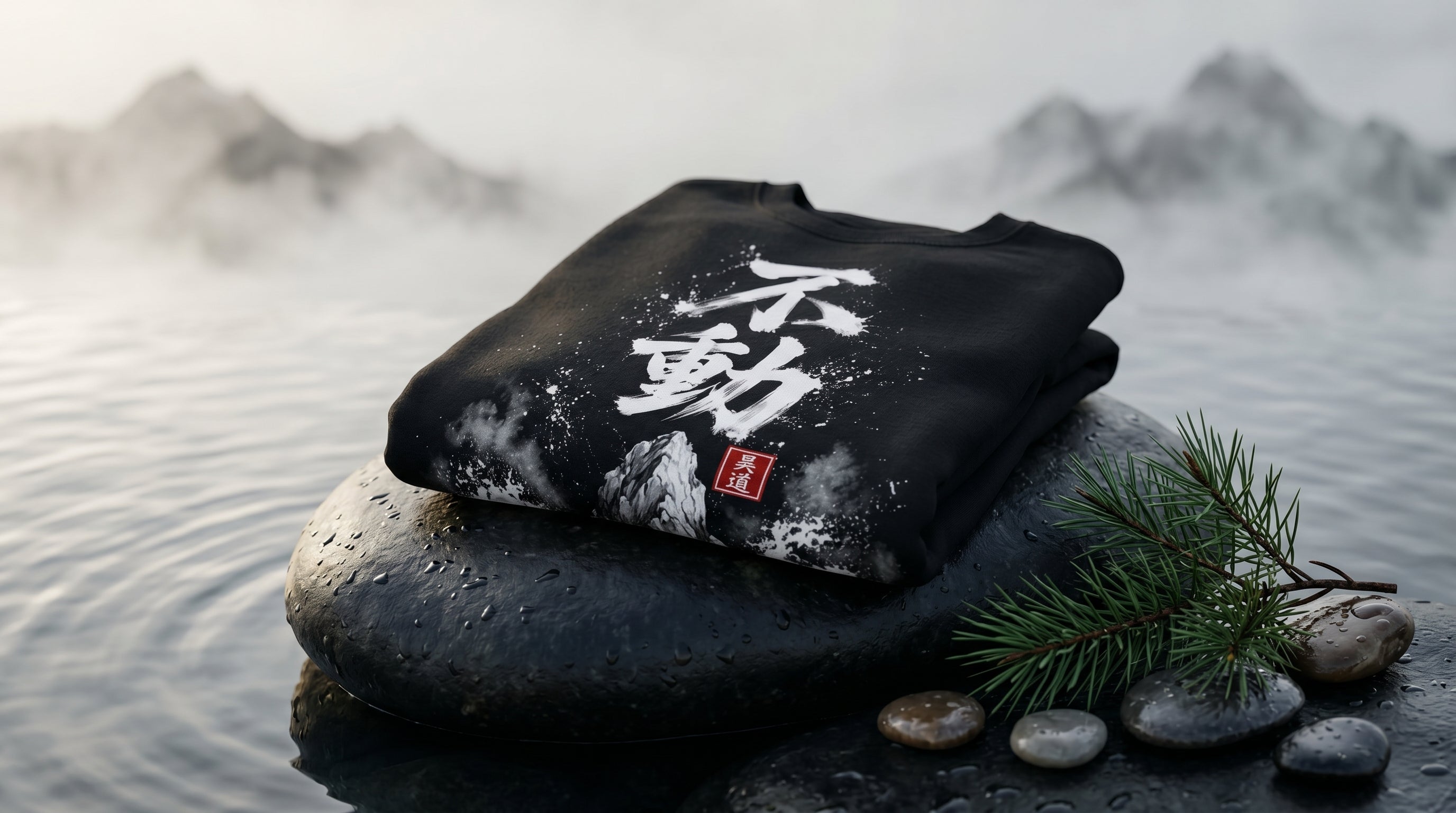 Black Fudo crewneck sweatshirt folded on a river stone by misty water and mountains, Japanese Zen lifestyle scene, MINDO Studio