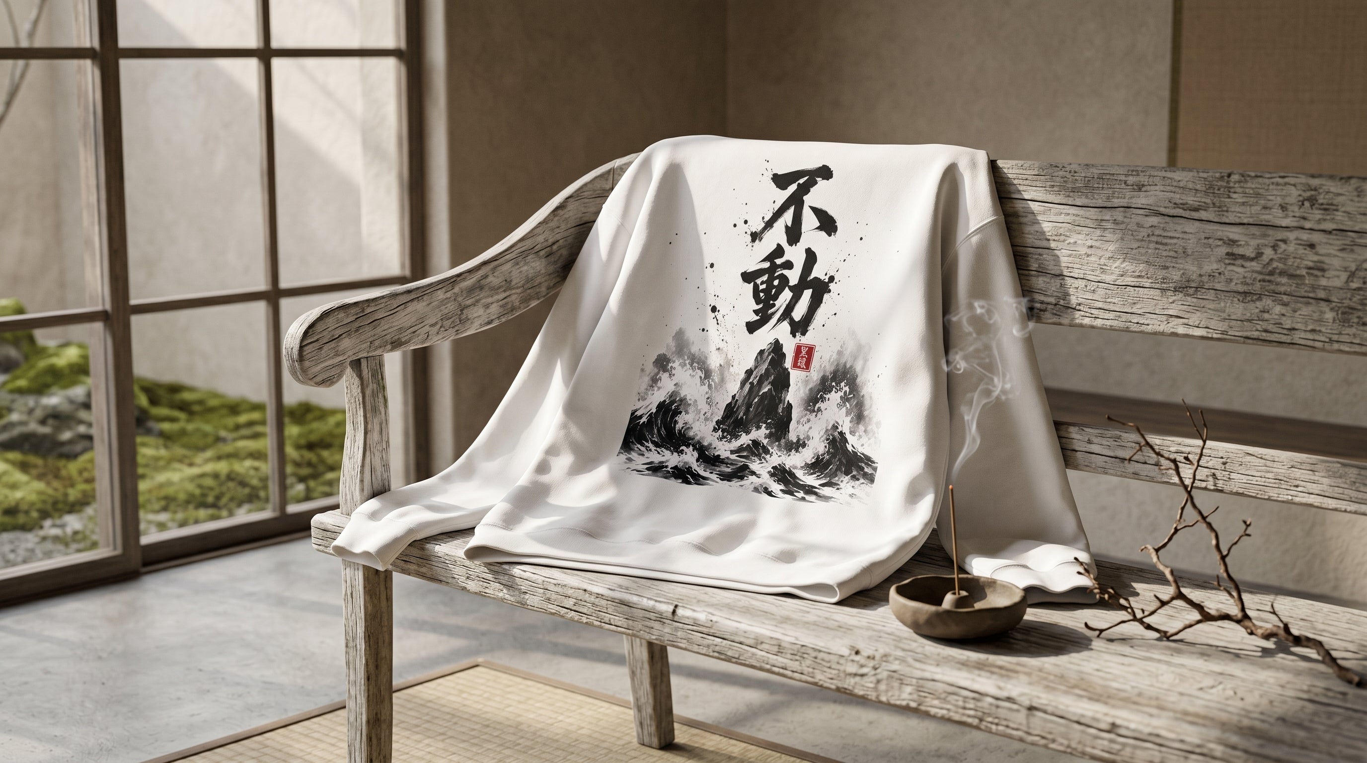 White Fudo crewneck sweatshirt draped over a wooden bench by a window with incense, Japanese wabi-sabi interior scene, MINDO Studio