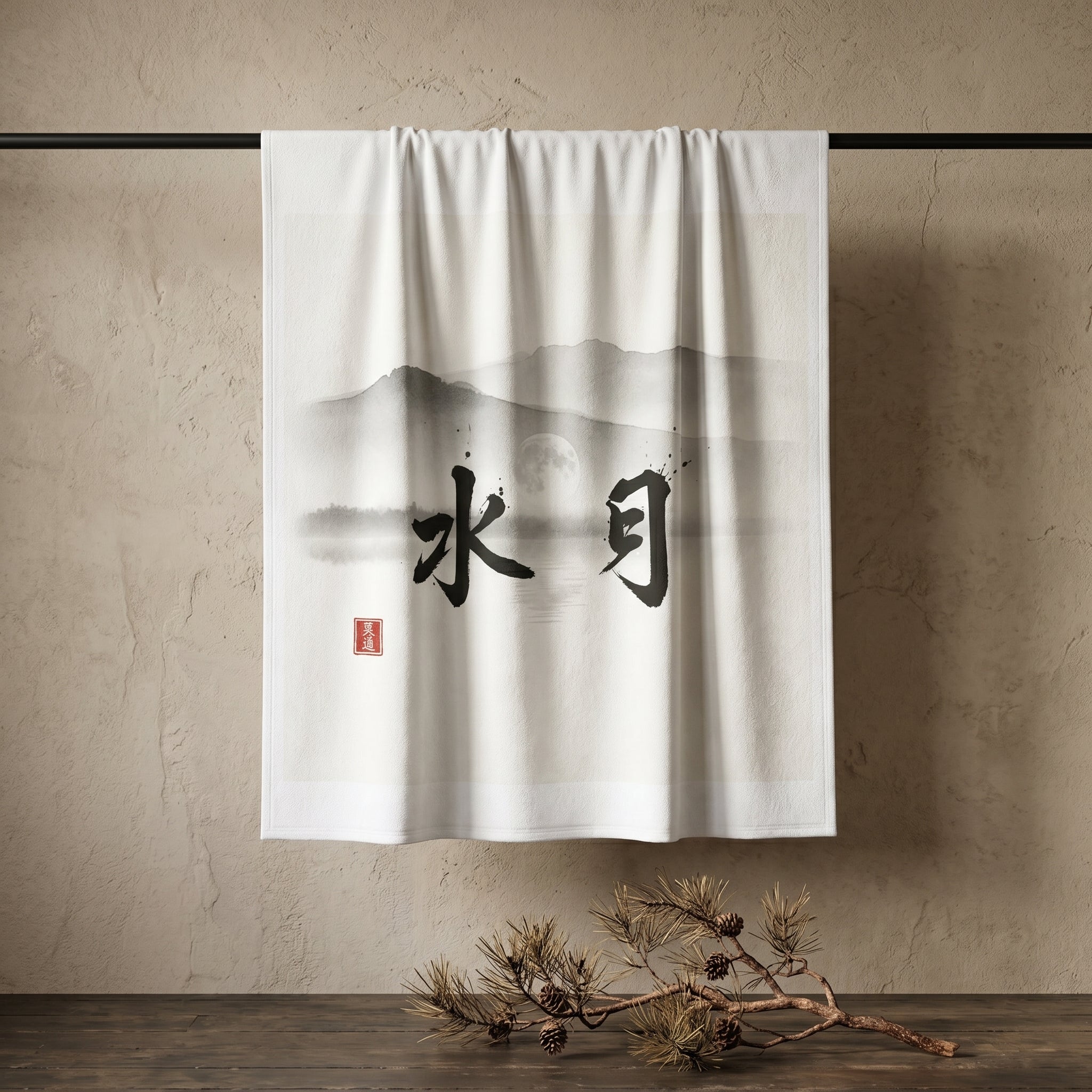 Off-white decorative throw blanket by Mindō Studio featuring a Japanese sumi-e ink landscape, Suigetsu black calligraphy, and a red hanko seal