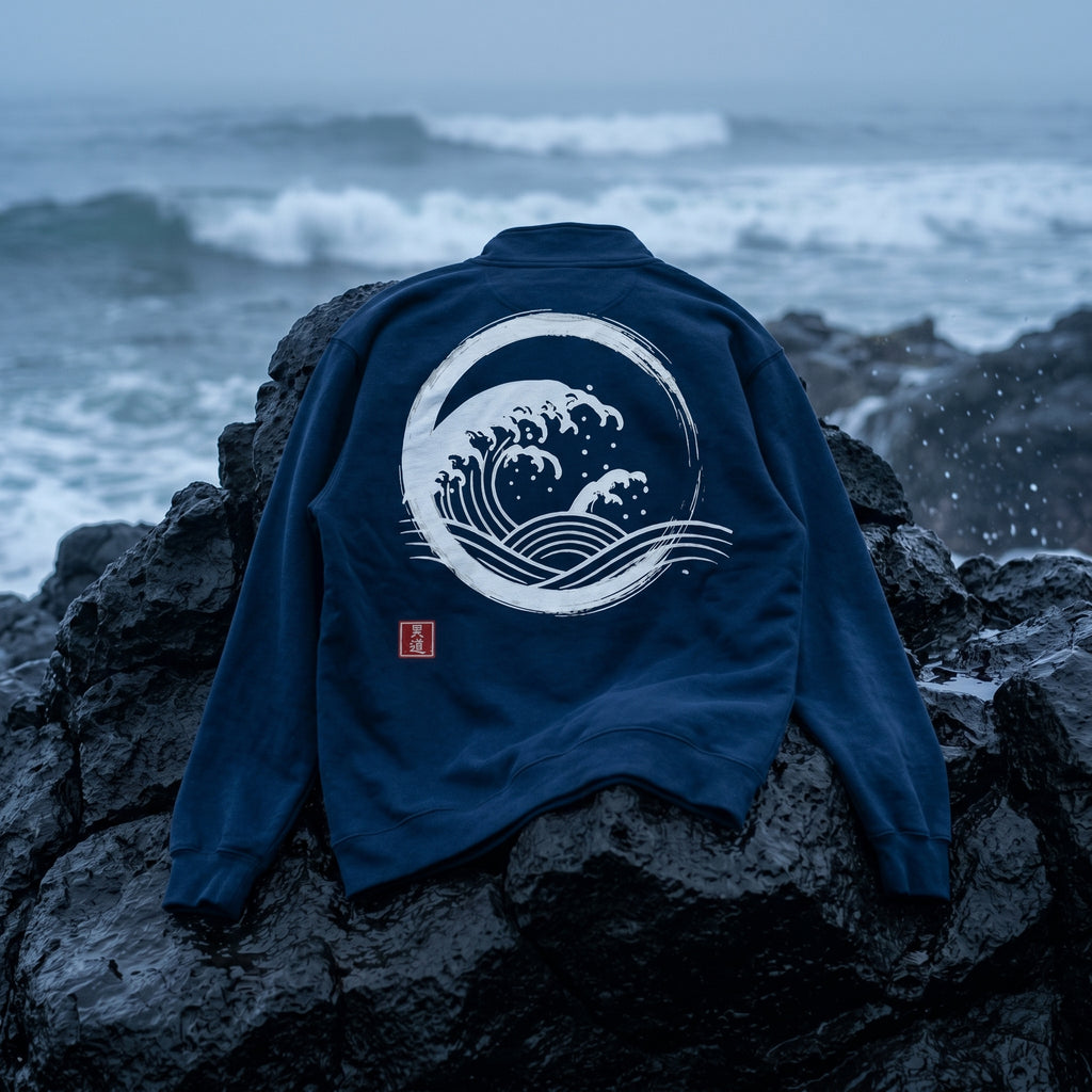 Nami Quarter-Zip by MINDŌ STUDIO. Premium Comfort Colors fleece, sumi-e great wave design on the back. Japanese streetwear, unisex.