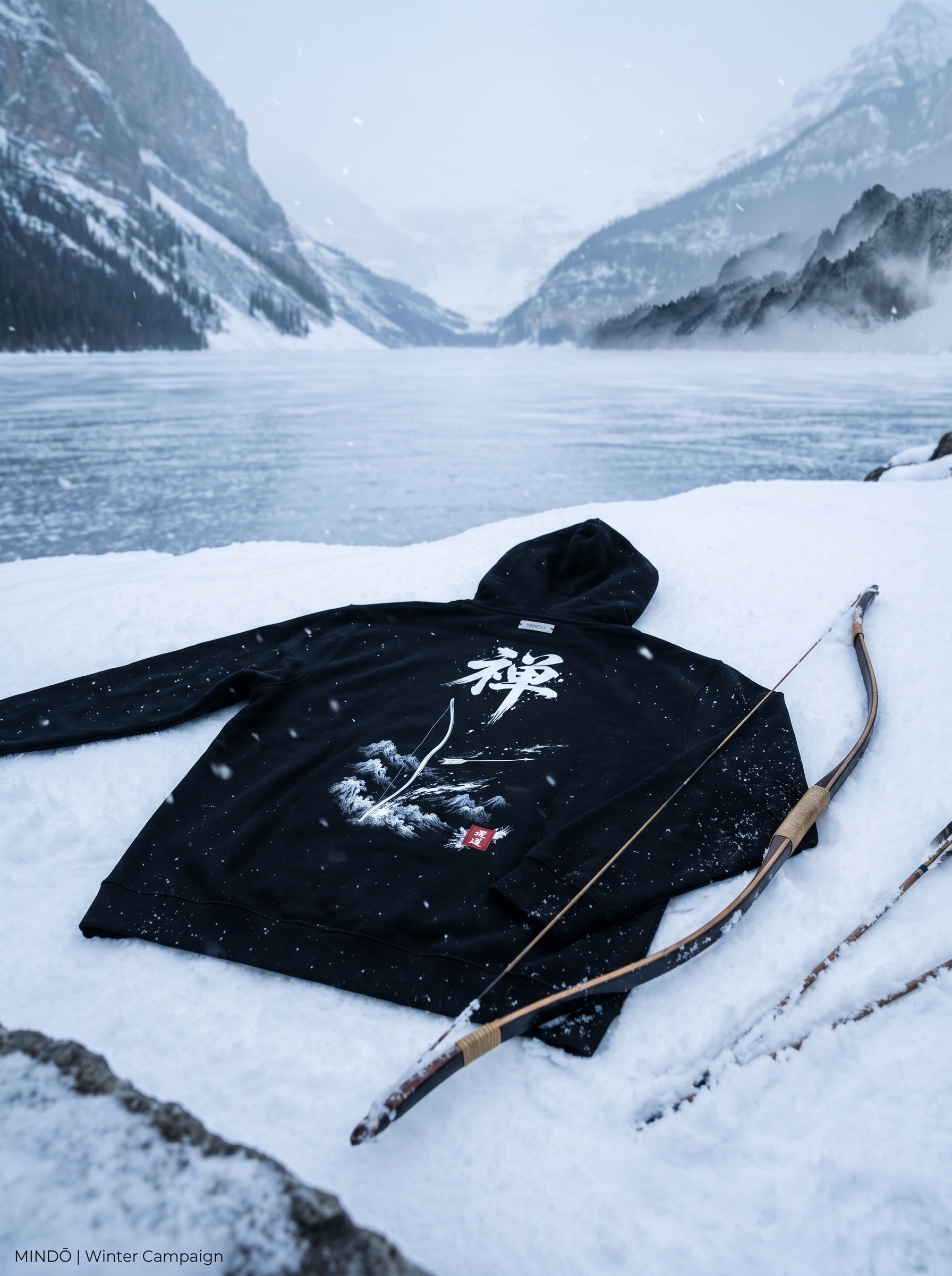 Black zip-up hoodie laid on snow with traditional Kyūdō wooden bow, snowy mountain lake landscape in background, Zen 禅 Sumi-e back graphic visible, MINDŌ Winter Campaign
