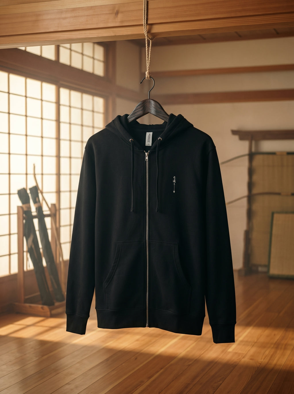 Black zip-up hoodie on hanger in Japanese dojo setting with shoji windows and Kyūdō bows in background, small embroidered archer logo on chest, MINDŌ Studio
