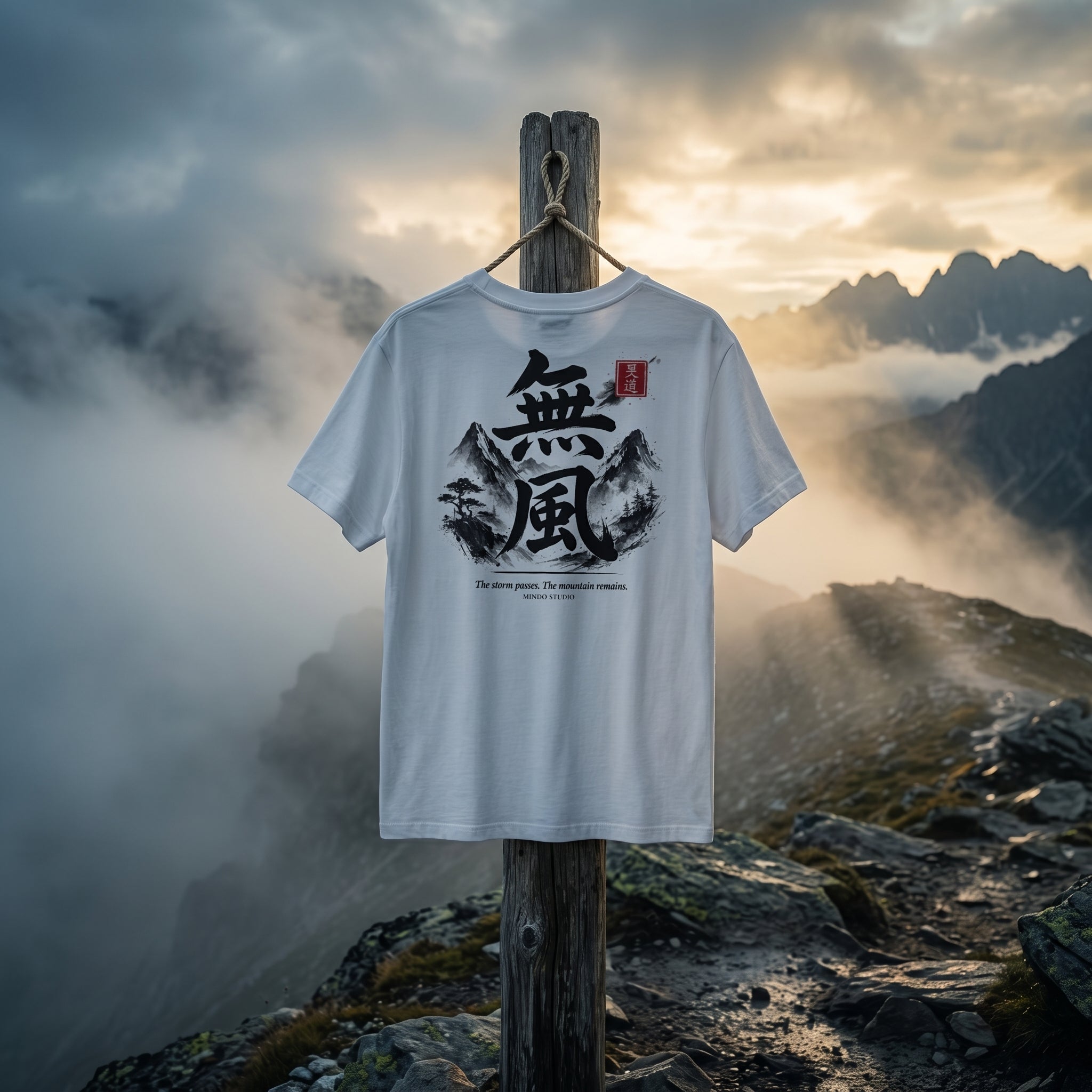 T-shirt the Mufū Heavyweight Boxy Tee. Premium 100% combed cotton, relaxed fit, featuring traditional Japanese ink-wash mountain art and our signature Hanko.