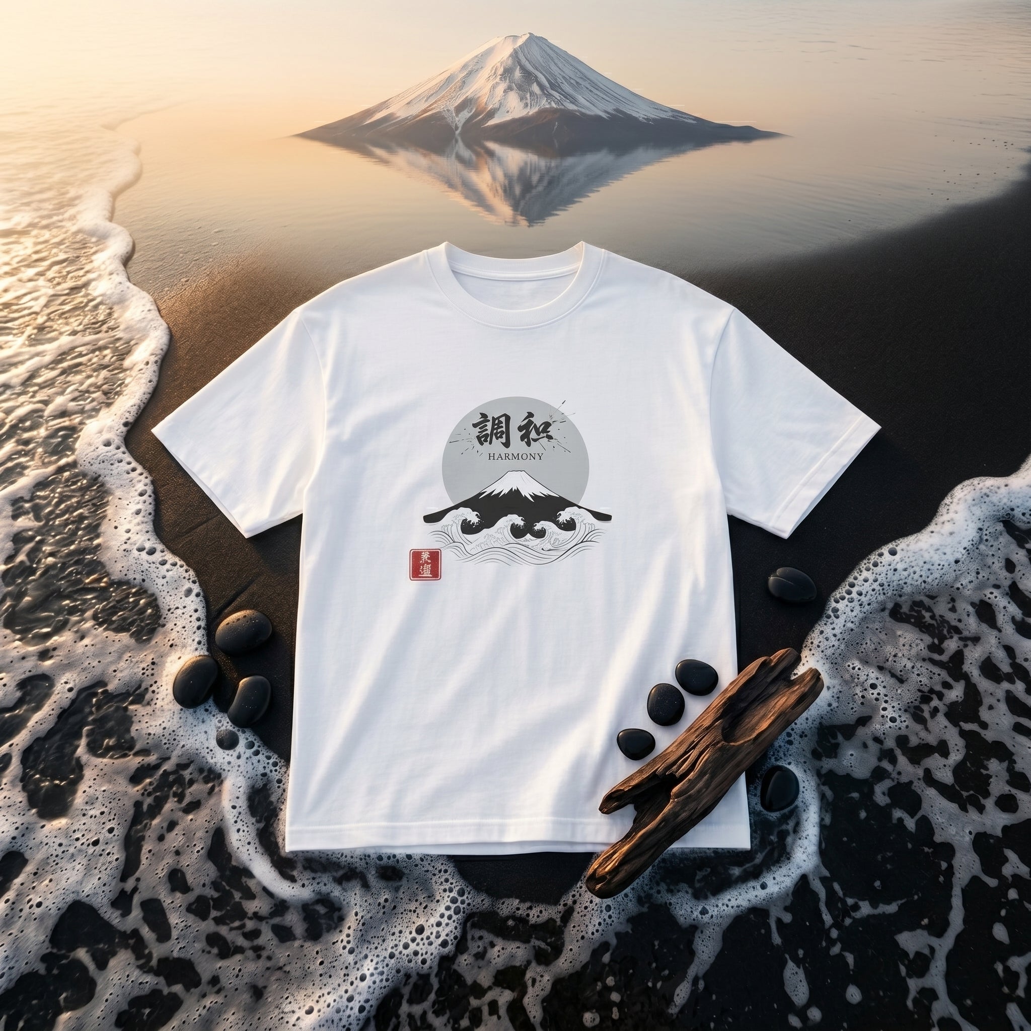 White boxy t-shirt by Mindō Studio featuring an intricate Japanese ukiyo-e style "Harmony" woodblock print, "Chōwa" kanji characters, and a red hanko seal