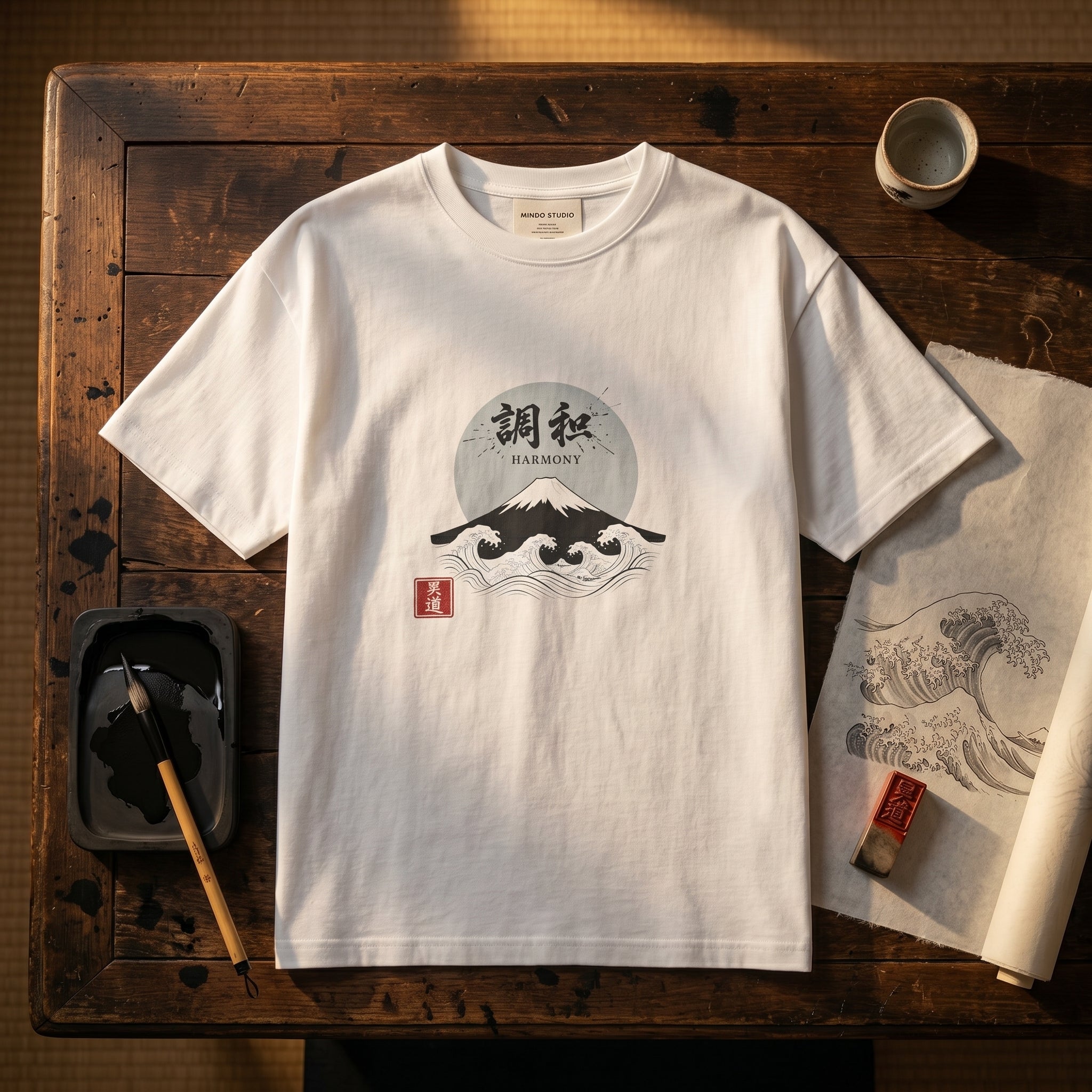 White boxy t-shirt by Mindō Studio featuring an intricate Japanese ukiyo-e style "Harmony" woodblock print, "Chōwa" kanji characters, and a red hanko seal