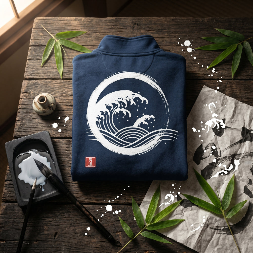 Nami Quarter-Zip by MINDŌ STUDIO. Premium Comfort Colors fleece, sumi-e great wave design on the back. Japanese streetwear, unisex.