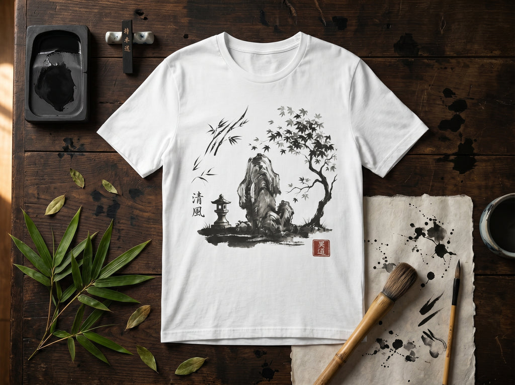 White t-shirt with Japanese Zen sumi-e ink art, featuring a stone lantern and nature landscape illustration