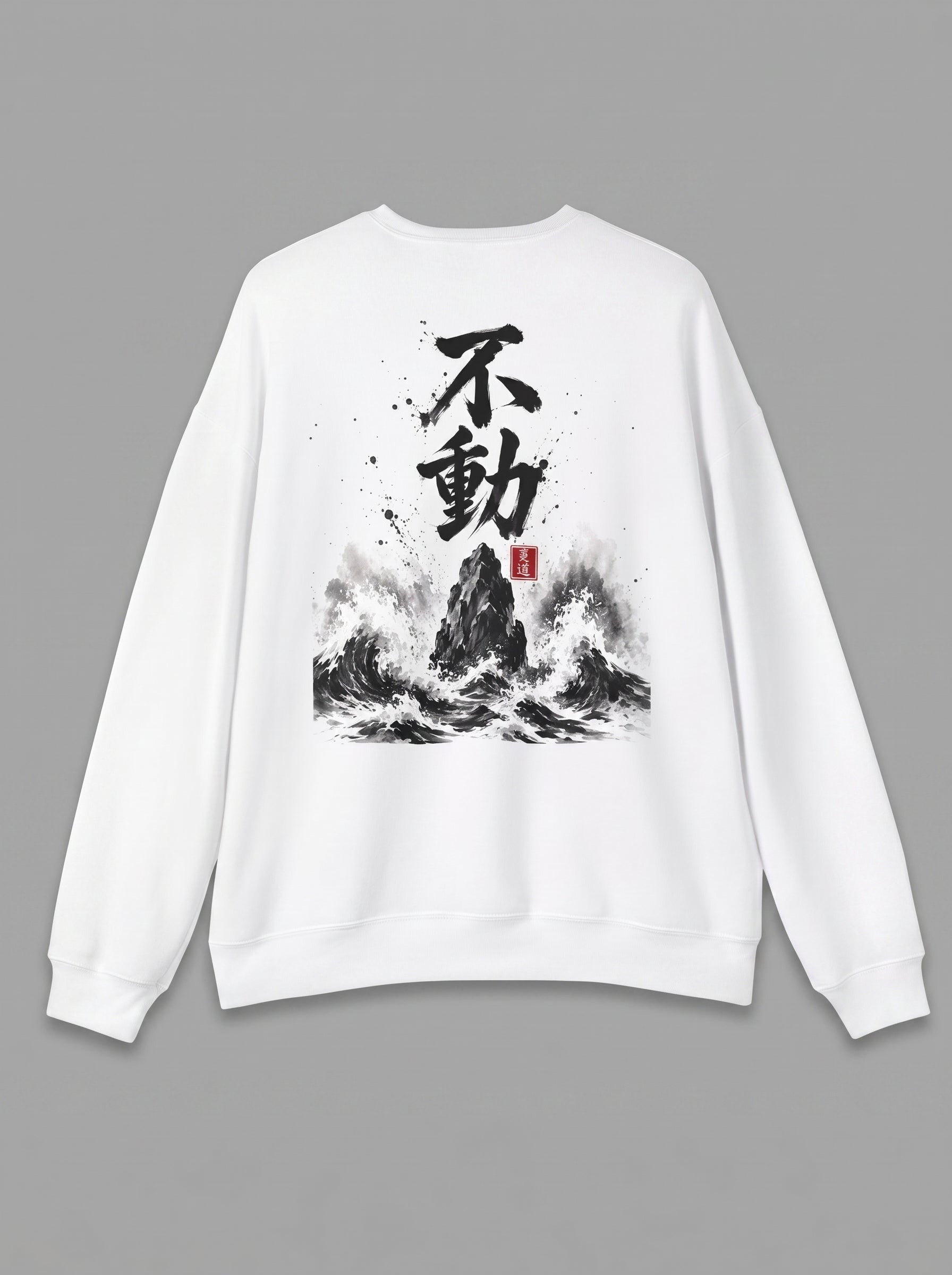 White crewneck sweatshirt, back view, Japanese Sumi-e Fudo wave and mountain design, studio grey background, MINDO Studio