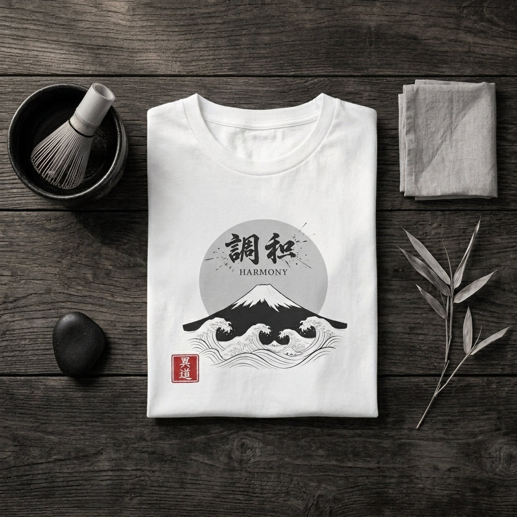 White boxy t-shirt by Mindō Studio featuring an intricate Japanese ukiyo-e style "Harmony" woodblock print, "Chōwa" kanji characters, and a red hanko seal