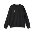 Black crewneck sweatshirt, front view, small white Japanese Fudoshin calligraphy on the chest, MINDO Studio