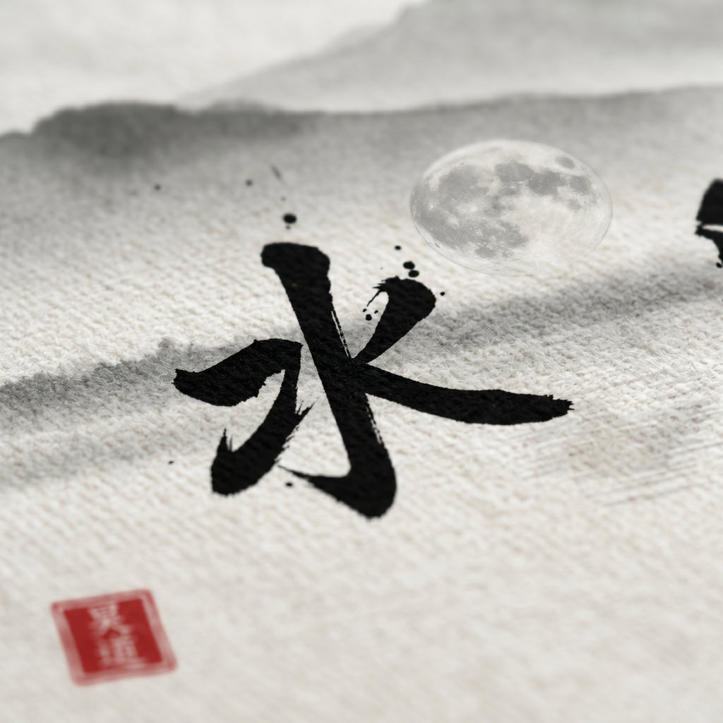 Off-white decorative throw blanket by Mindō Studio featuring a Japanese sumi-e ink landscape, Suigetsu black calligraphy, and a red hanko seal