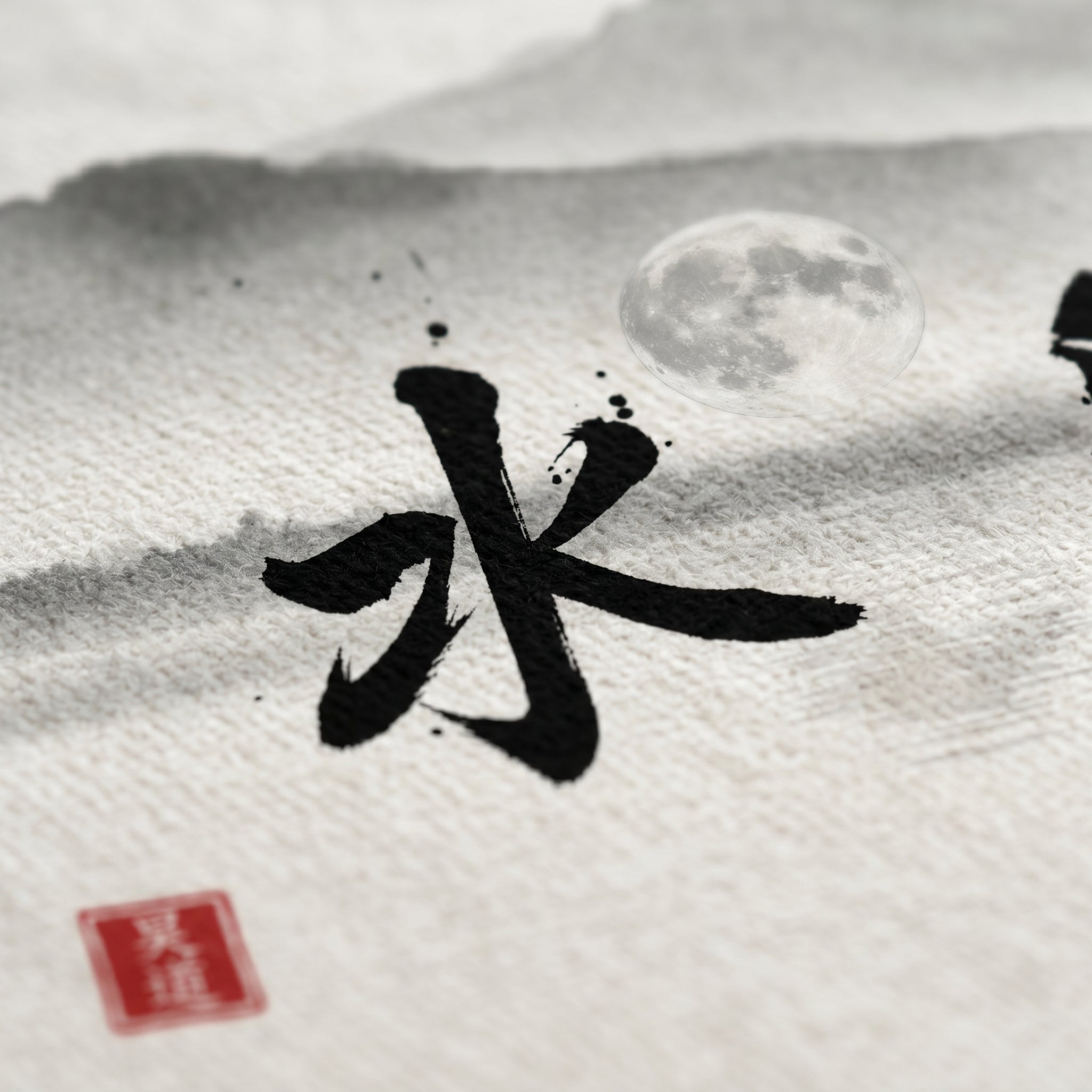 Off-white decorative throw blanket by Mindō Studio featuring a Japanese sumi-e ink landscape, Suigetsu black calligraphy, and a red hanko seal