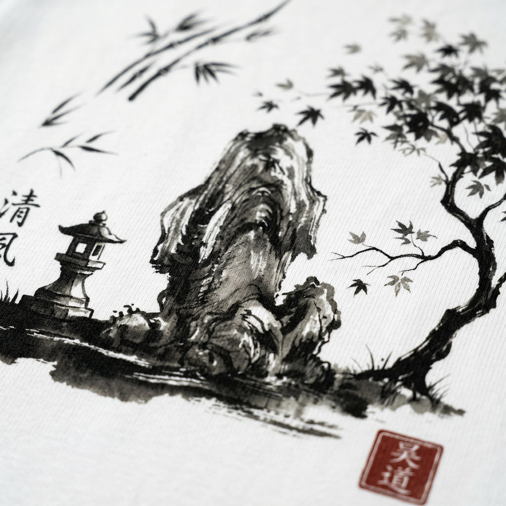 White t-shirt with Japanese Zen sumi-e ink art, featuring a stone lantern and nature landscape illustration