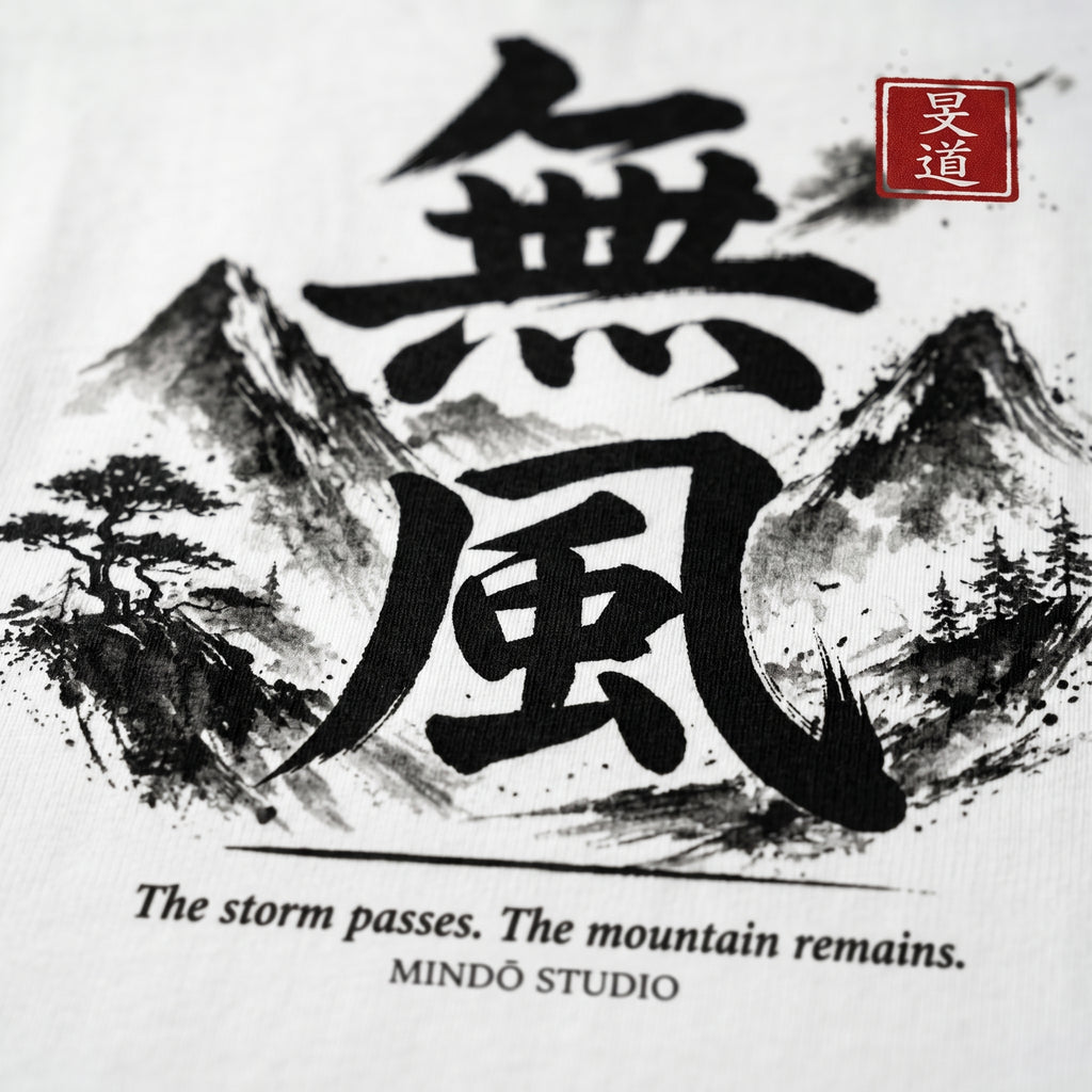 T-shirt the Mufū Heavyweight Boxy Tee. Premium 100% combed cotton, relaxed fit, featuring traditional Japanese ink-wash mountain art and our signature Hanko.