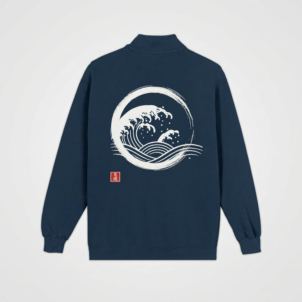 Heavyweight navy blue sweatshirt by Mindō Studio, back view with a Zen ensō circle, Japanese great wave design and red hanko seal