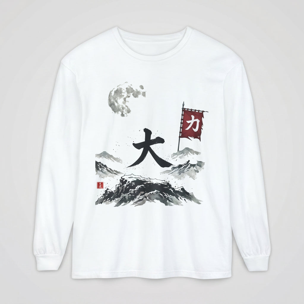 White vintage wash long sleeve t-shirt featuring a Japanese sumi-e mountain landscape, a large 'Dai' kanji, a red martial flag, and an authentic Mindo Studio red hanko seal.