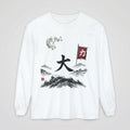 White vintage wash long sleeve t-shirt featuring a Japanese sumi-e mountain landscape, a large 'Dai' kanji, a red martial flag, and an authentic Mindo Studio red hanko seal.
