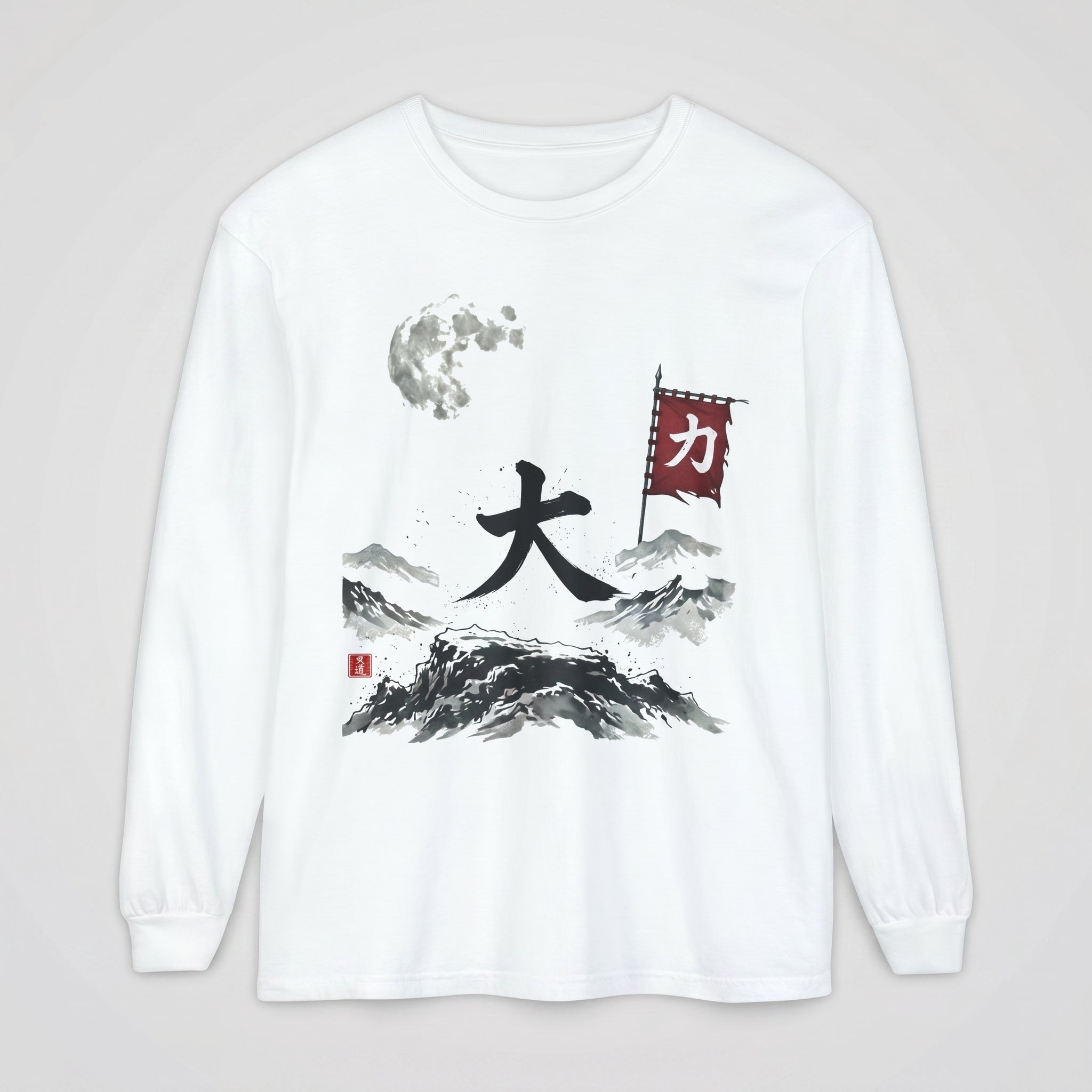 White vintage wash long sleeve t-shirt featuring a Japanese sumi-e mountain landscape, a large 'Dai' kanji, a red martial flag, and an authentic Mindo Studio red hanko seal.