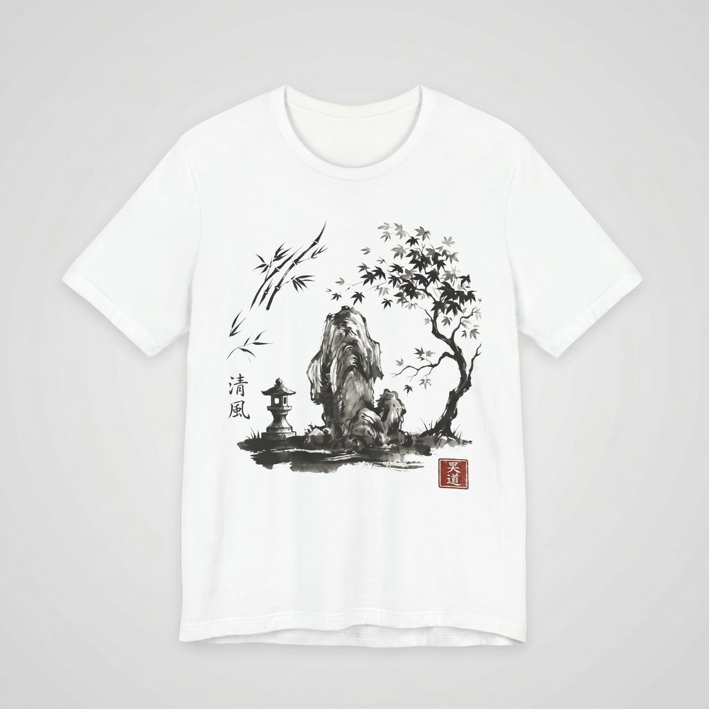 White t-shirt with Japanese Zen sumi-e ink art, featuring a stone lantern and nature landscape illustration