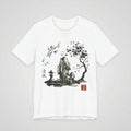 White t-shirt with Japanese Zen sumi-e ink art, featuring a stone lantern and nature landscape illustration