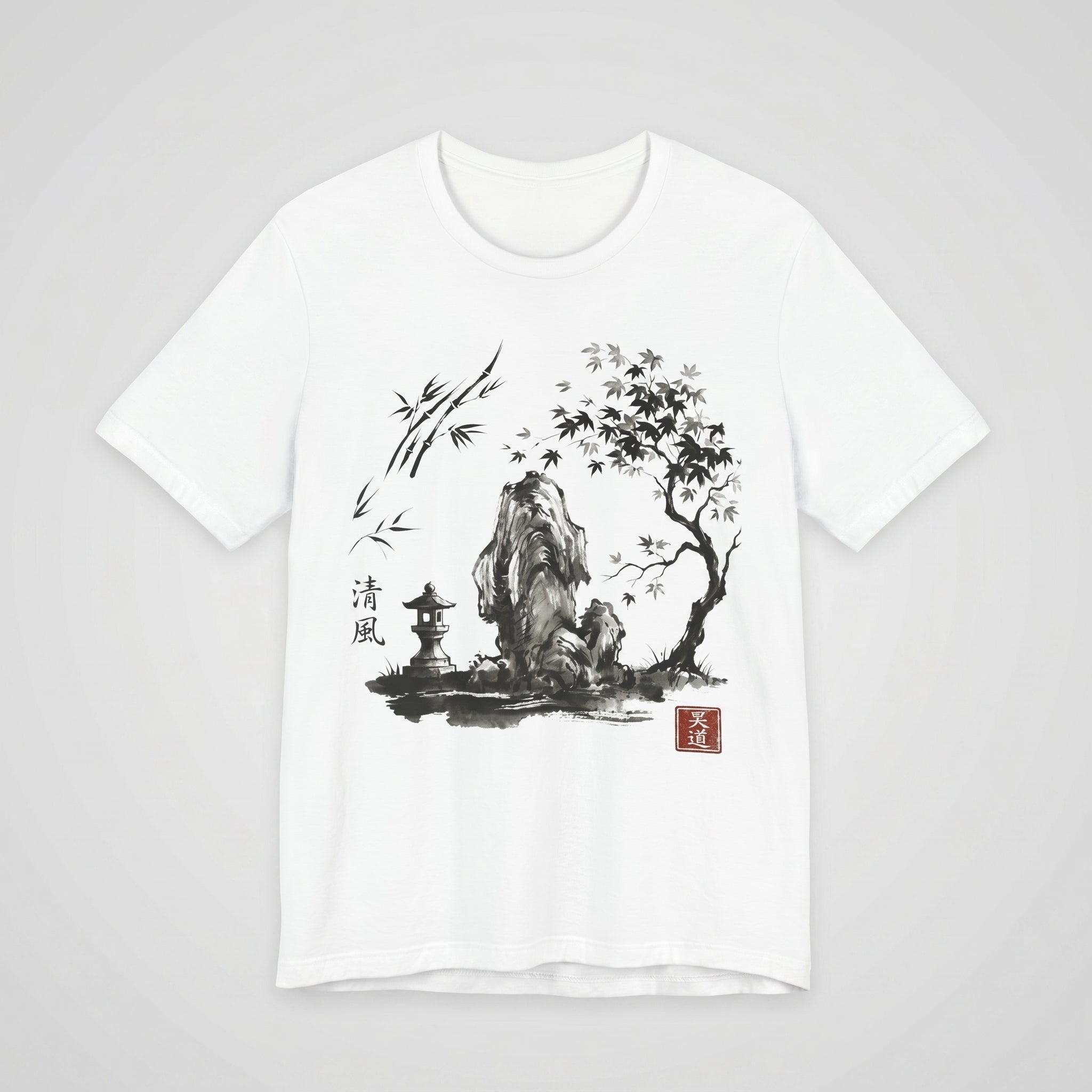 White t-shirt with Japanese Zen sumi-e ink art, featuring a stone lantern and nature landscape illustration