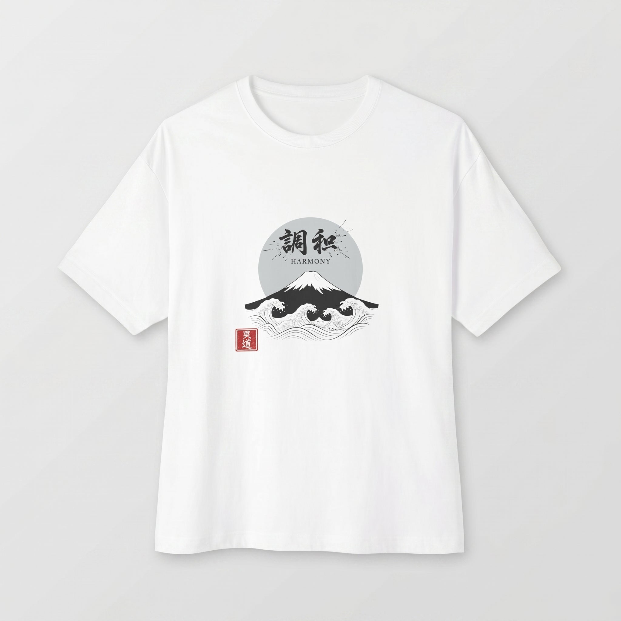 White boxy t-shirt by Mindō Studio featuring an intricate Japanese ukiyo-e style "Harmony" woodblock print, "Chōwa" kanji characters, and a red hanko seal