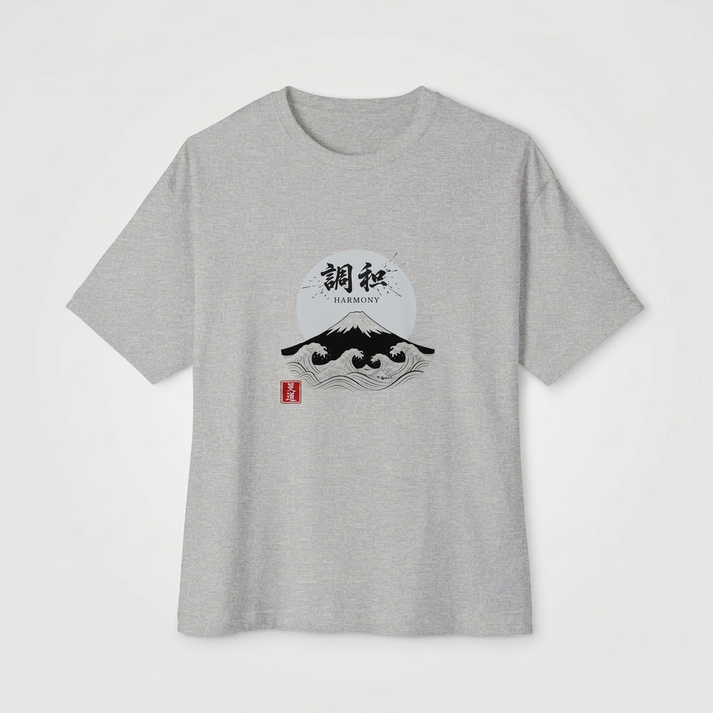 Heather grey boxy t-shirt by Mindō Studio featuring an intricate Japanese ukiyo-e style "Harmony" woodblock print, "Chōwa" kanji characters, and a red hanko seal
