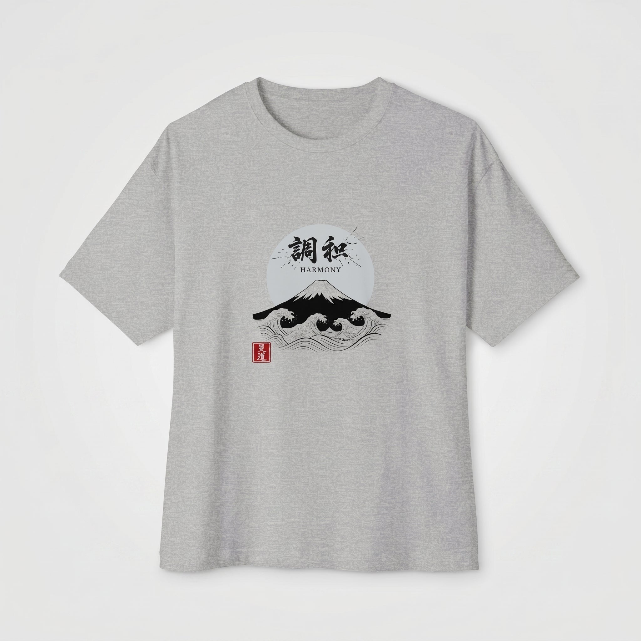 Heather grey boxy t-shirt by Mindō Studio featuring an intricate Japanese ukiyo-e style "Harmony" woodblock print, "Chōwa" kanji characters, and a red hanko seal