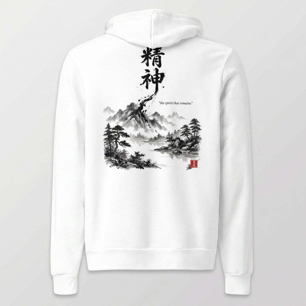 White unisex hoodie with hand-brushed Japanese calligraphy 精神 
and Sumi-e mountain landscape on the back, red Hanko seal signature, 
MINDŌ Studio Seishin collection