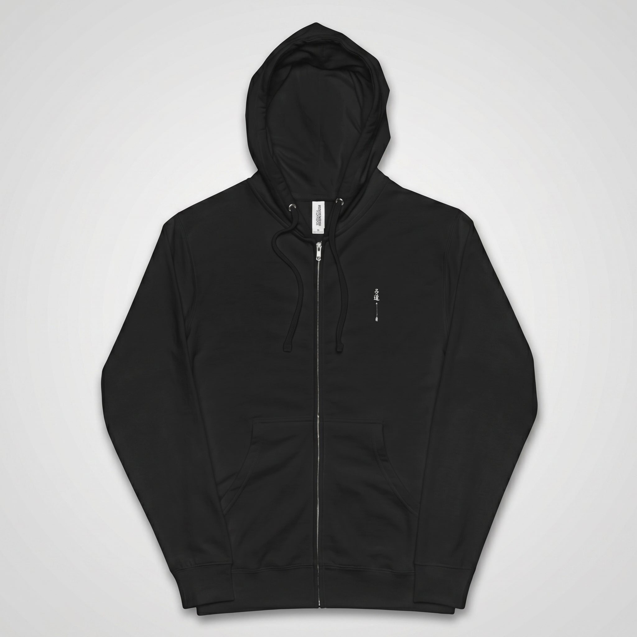Black unisex zip-up hoodie, front view, with small embroidered Kyūdō archer calligraphy on left chest and MINDŌ Studio label at collar
