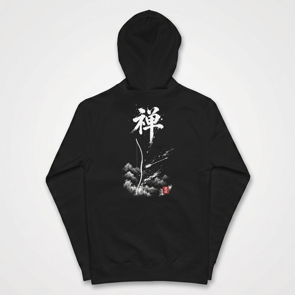Black unisex zip-up hoodie with embroidered Kyūdō calligraphy 
on chest and hand-brushed Sumi-e Zen 禅 calligraphy with bow and 
arrow scene on back, red Hanko seal signature, MINDŌ Studio