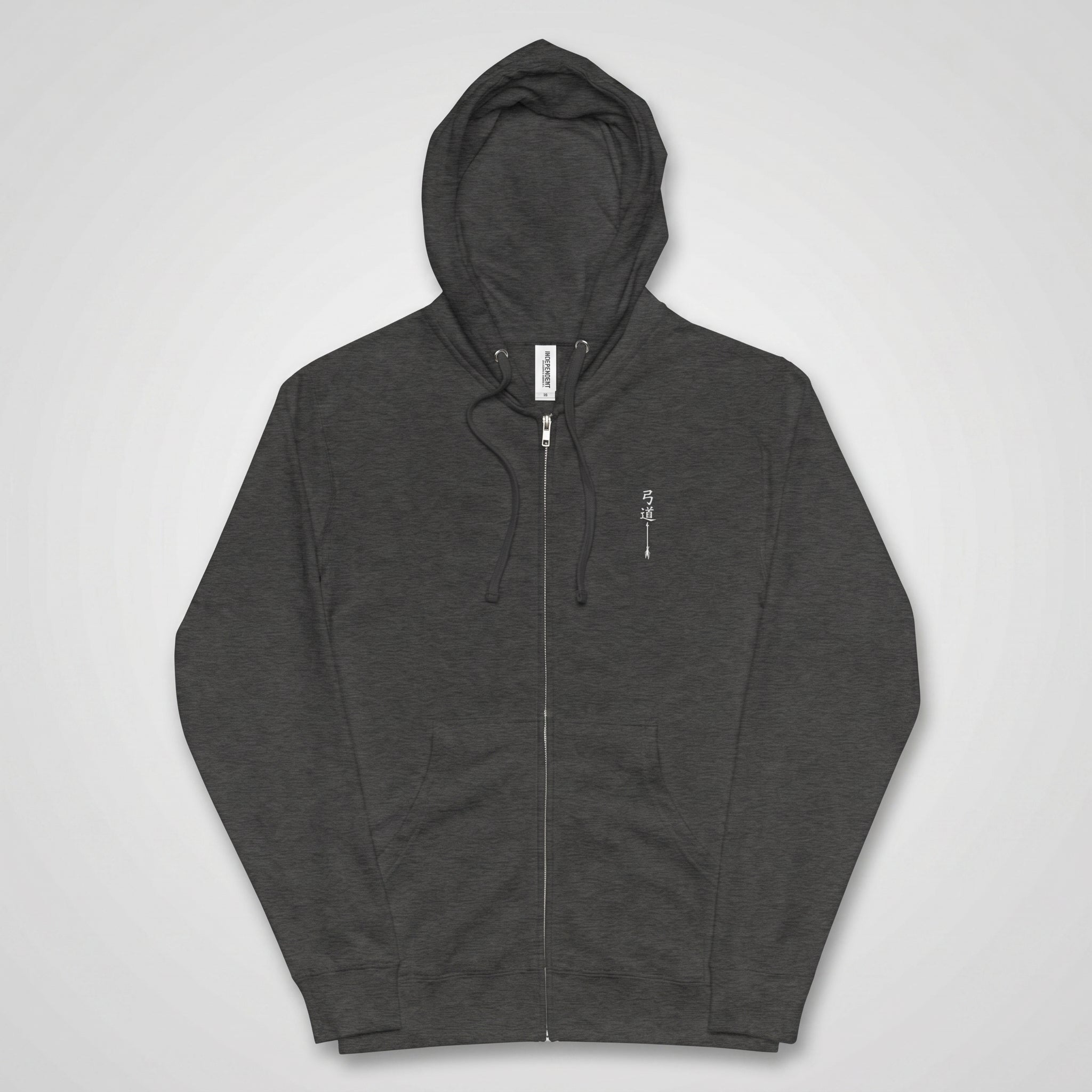 Charcoal grey unisex zip-up hoodie, front view, with small embroidered Kyūdō archer calligraphy on left chest and MINDŌ Studio label at collar, light grey background
