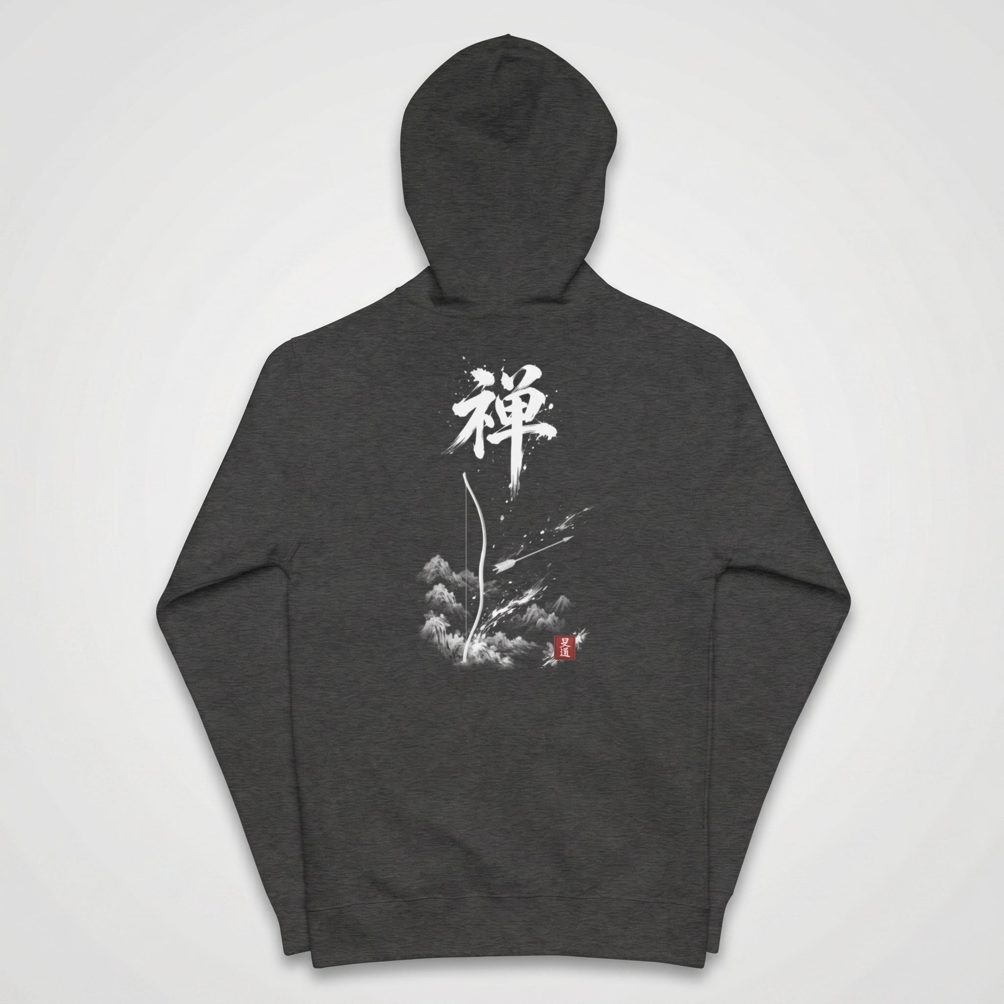 Charcoal grey unisex zip-up hoodie, back view, with hand-brushed Sumi-e Zen 禅 calligraphy and Kyūdō bow-and-arrow scene, red Hanko seal signature, MINDŌ Studio
