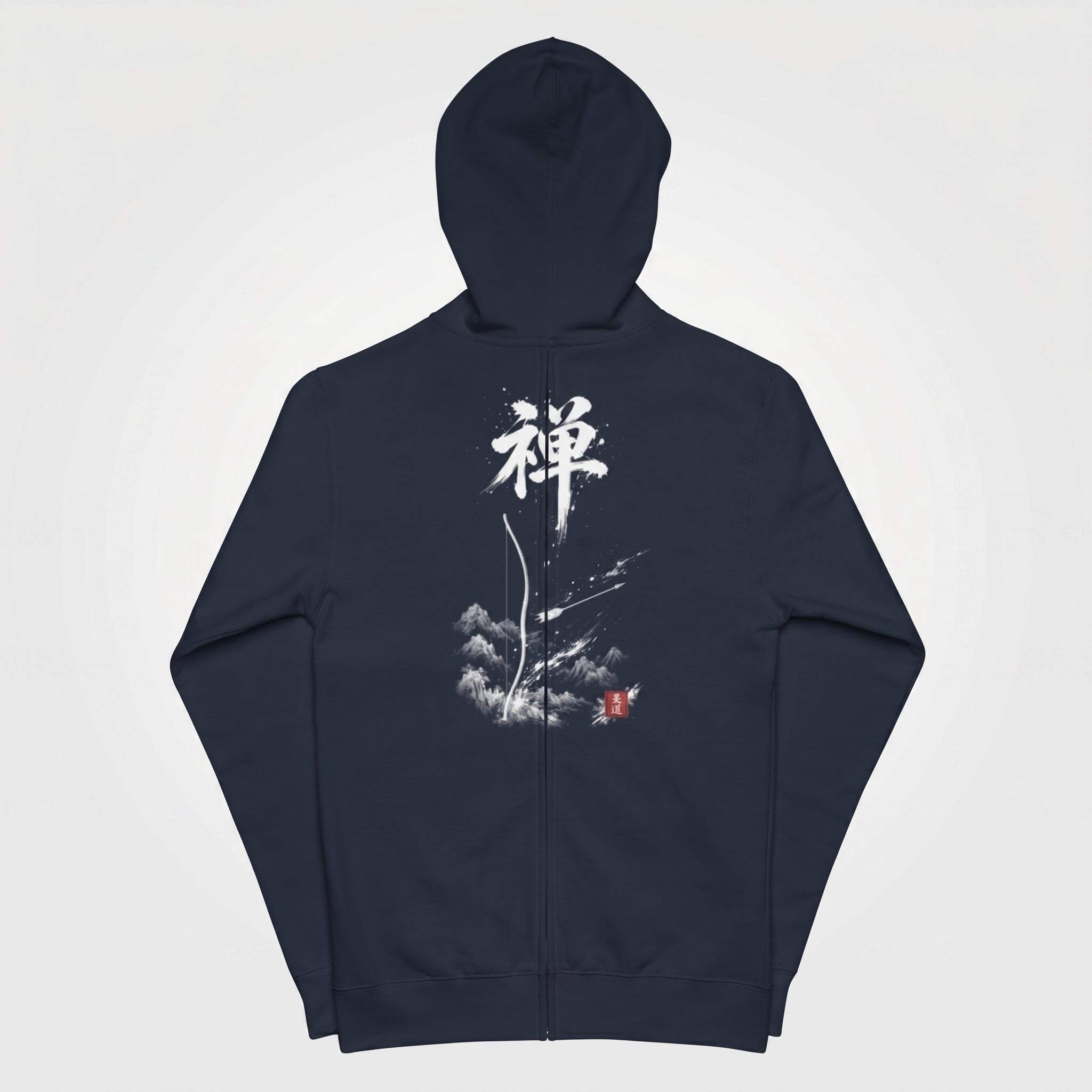 Navy blue unisex zip-up hoodie, back view, with hand-brushed Sumi-e Zen 禅 calligraphy and Kyūdō bow-and-arrow scene, red Hanko seal signature, MINDŌ Studio

