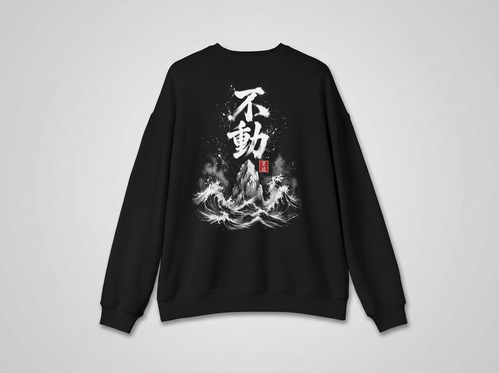 Black crewneck sweatshirt, back view, Japanese Sumi-e Fudo wave and mountain design, studio grey background, MINDO Studio