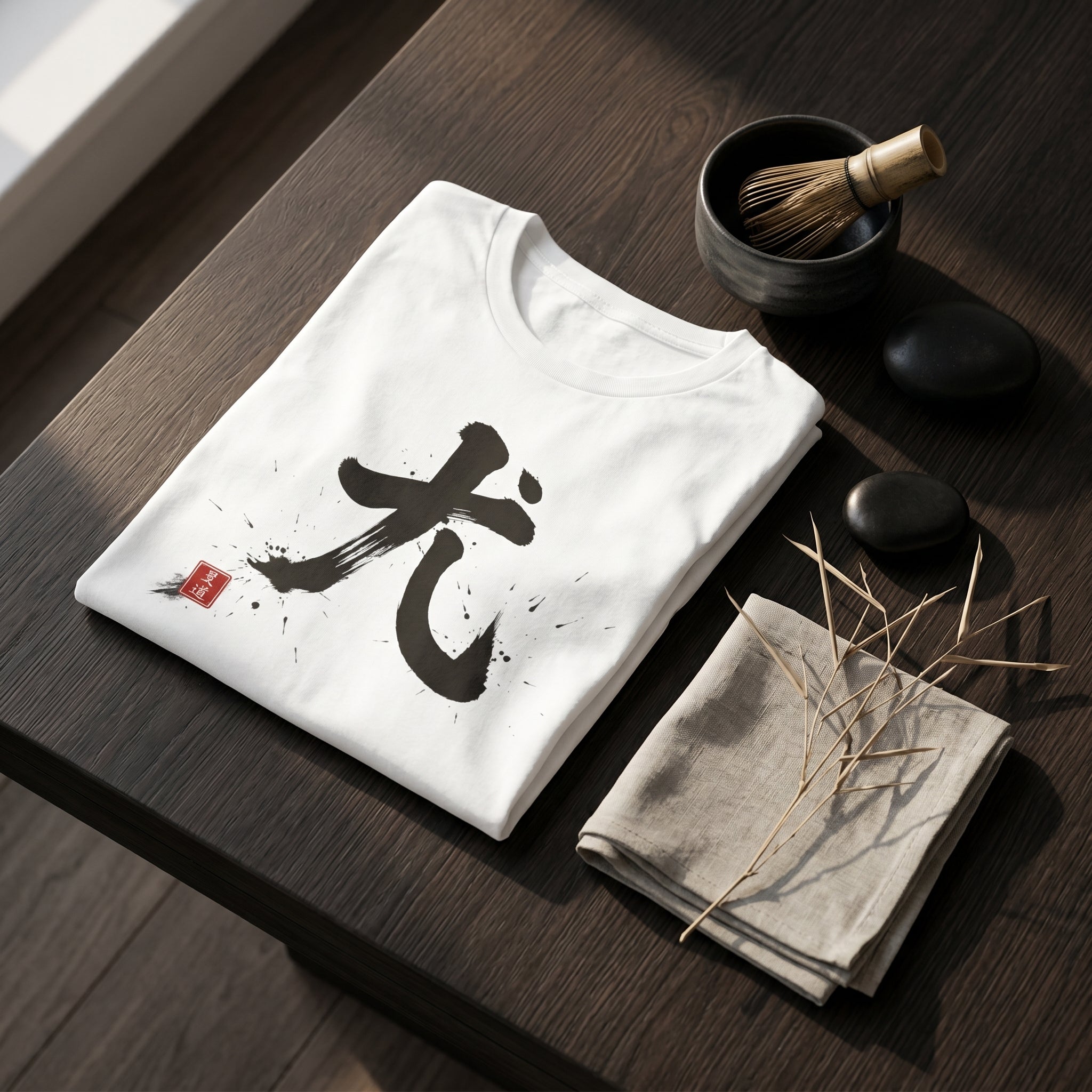 White boxy t-shirt by Mindō Studio featuring black ink Dairiki martial Japanese calligraphy and a red hanko seal