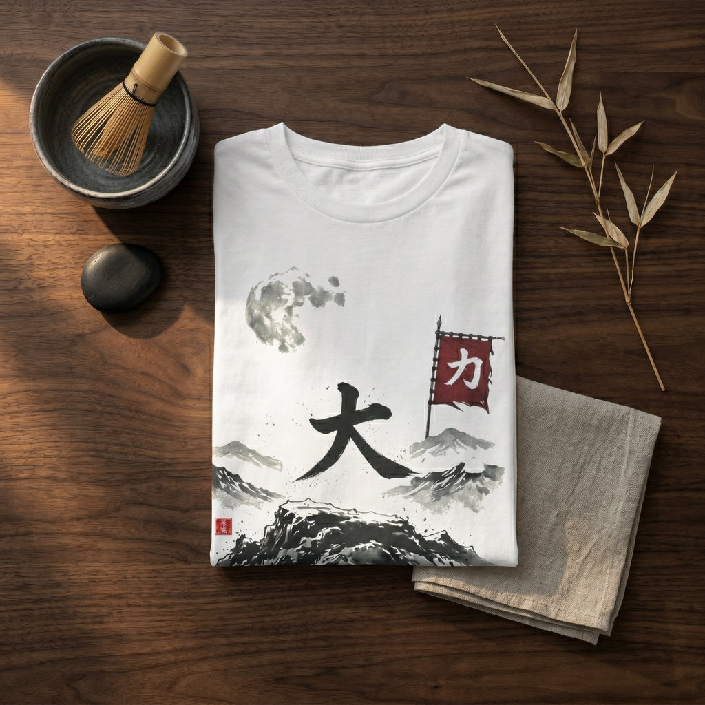 White vintage wash long sleeve t-shirt featuring a Japanese sumi-e mountain landscape, a large 'Dai' kanji, a red martial flag, and an authentic Mindo Studio red hanko seal.