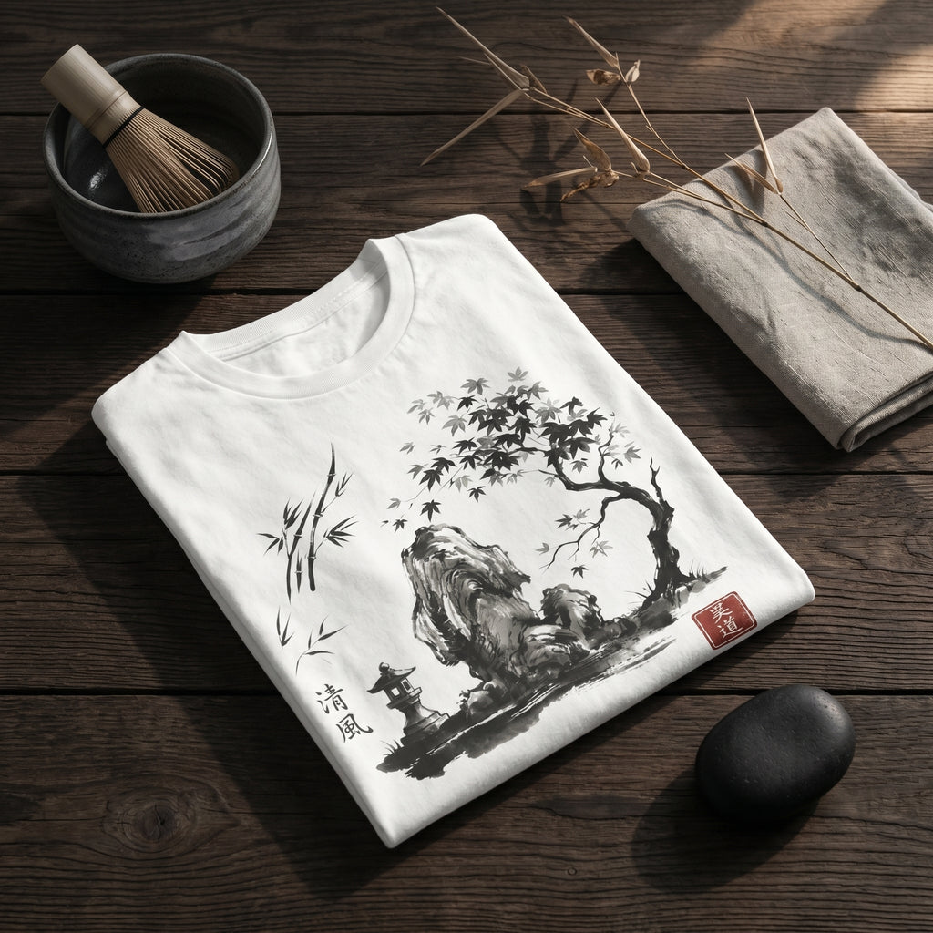 White t-shirt with Japanese Zen sumi-e ink art, featuring a stone lantern and nature landscape illustration