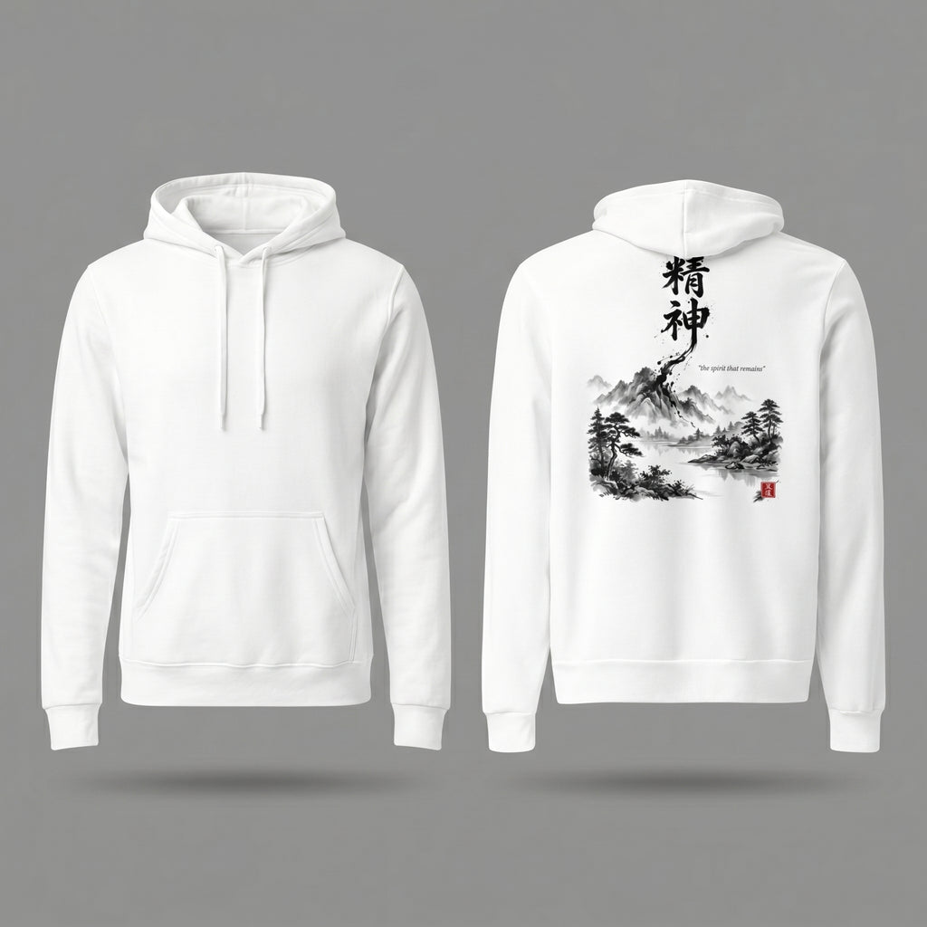 White unisex hoodie with hand-brushed Japanese calligraphy 精神 
and Sumi-e mountain landscape on the back, red Hanko seal signature, 
MINDŌ Studio Seishin collection