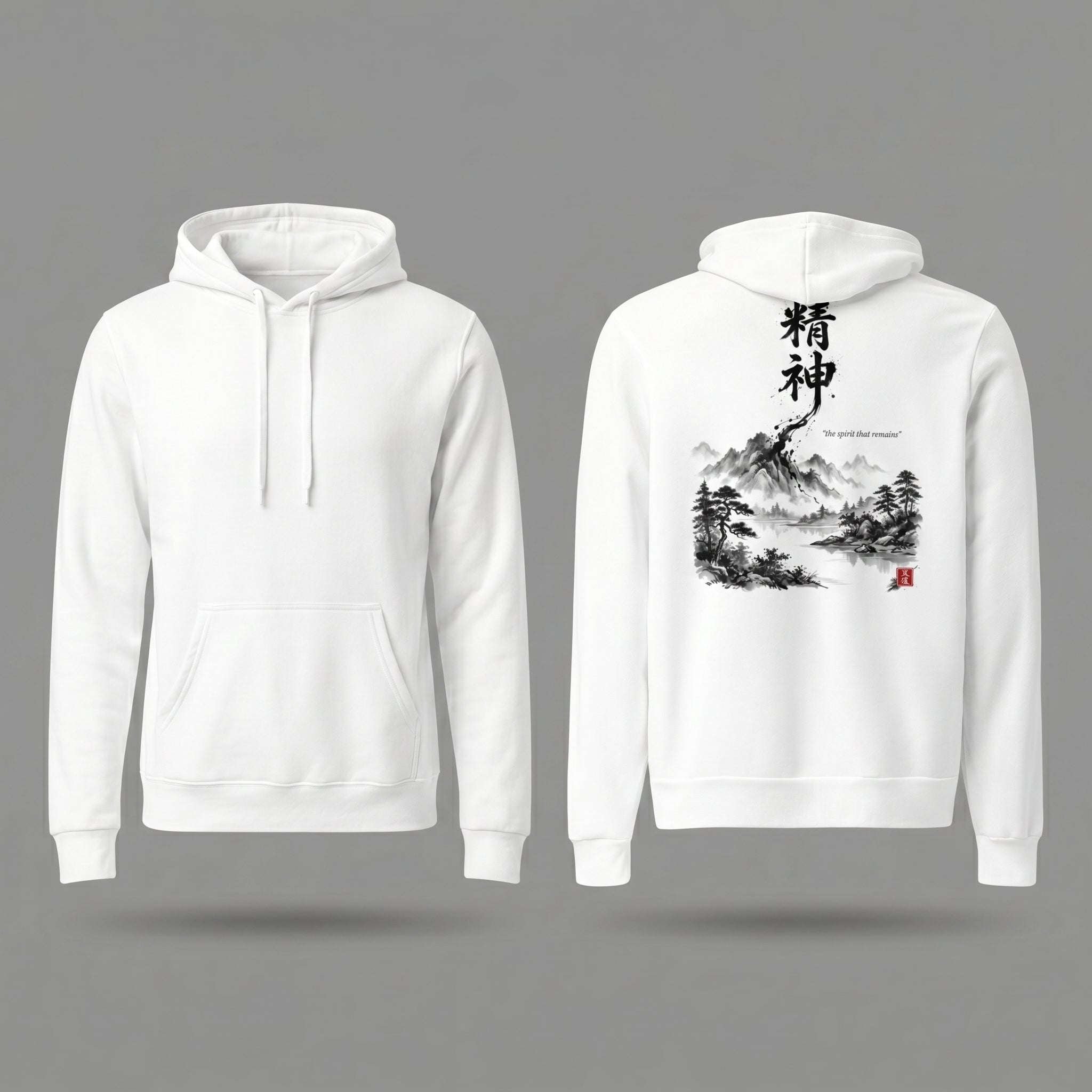 White unisex hoodie with hand-brushed Japanese calligraphy 精神 
and Sumi-e mountain landscape on the back, red Hanko seal signature, 
MINDŌ Studio Seishin collection