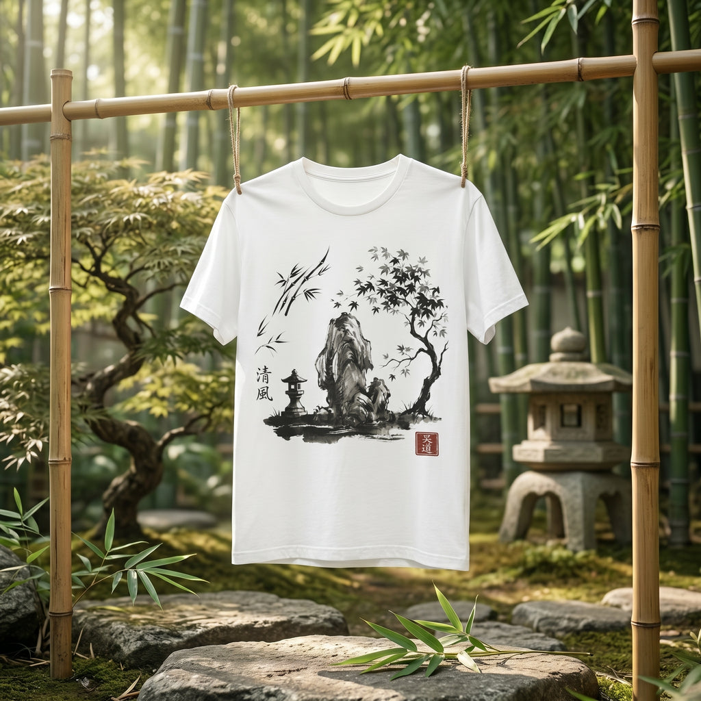 White t-shirt with Japanese Zen sumi-e ink art, featuring a stone lantern and nature landscape illustration