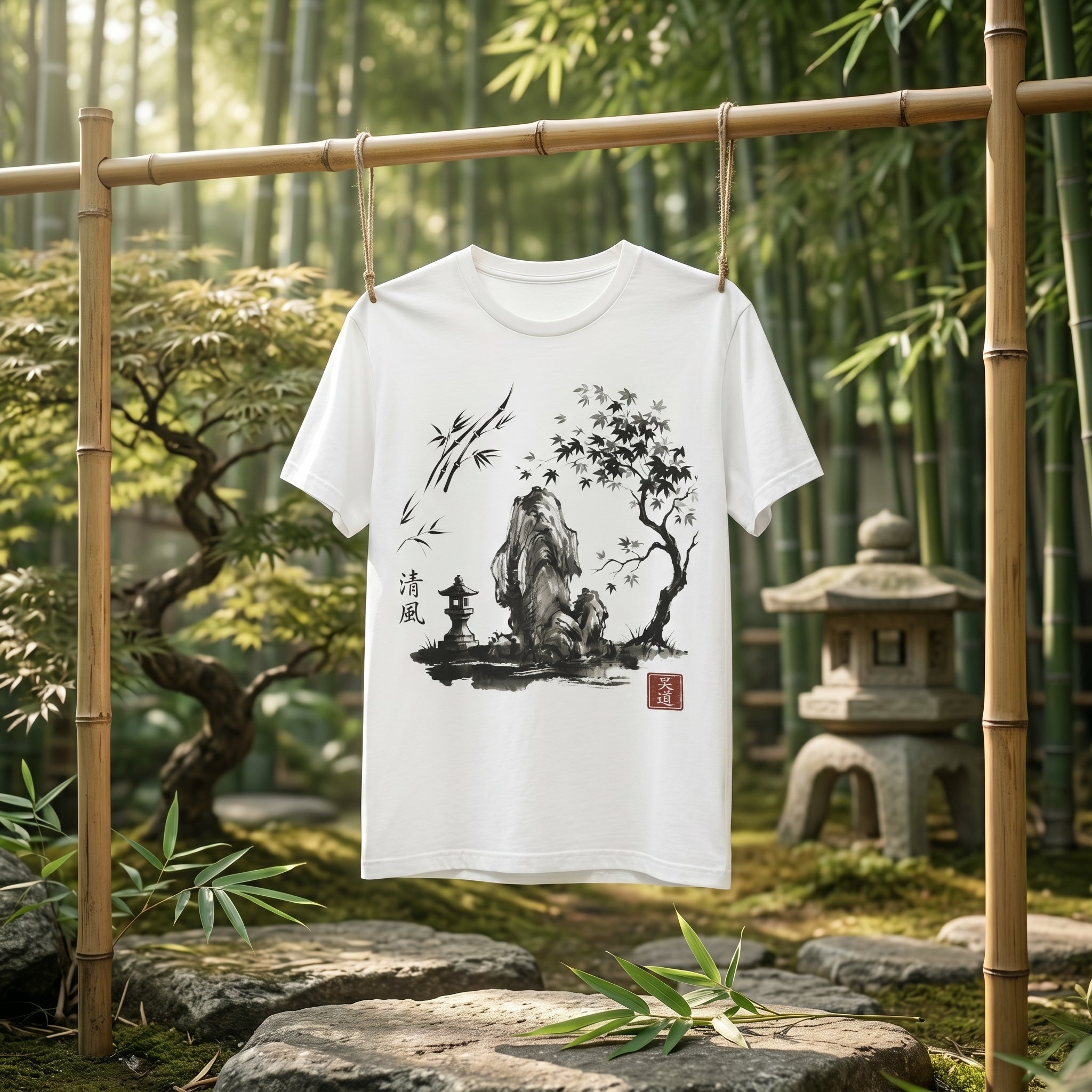 White t-shirt with Japanese Zen sumi-e ink art, featuring a stone lantern and nature landscape illustration